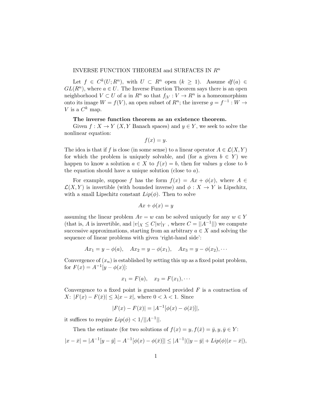 INVERSE FUNCTION THEOREM and SURFACES in Rn Let F ∈ C K(U;Rn)