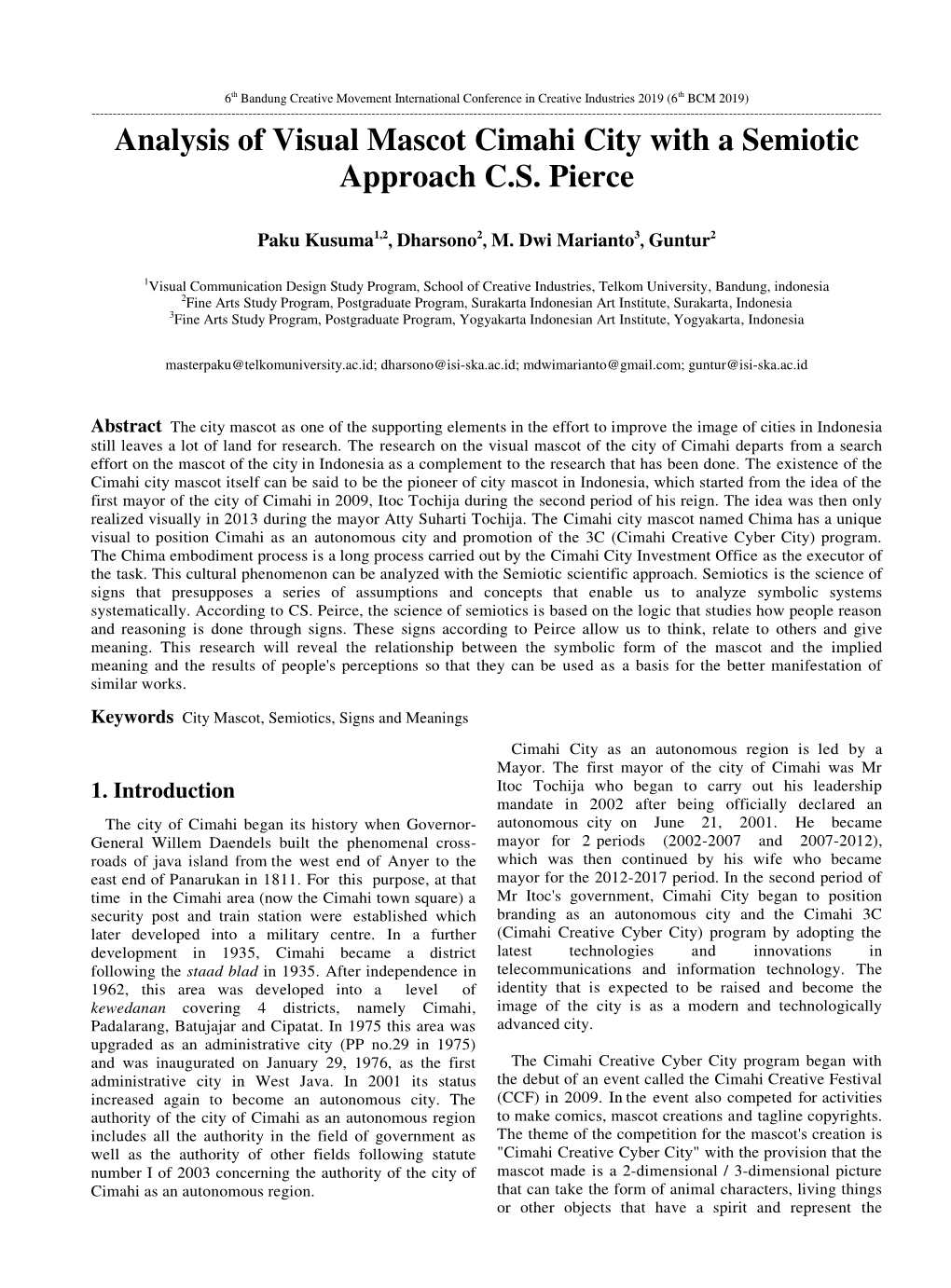 Analysis of Visual Mascot Cimahi City with a Semiotic Approach C.S. Pierce