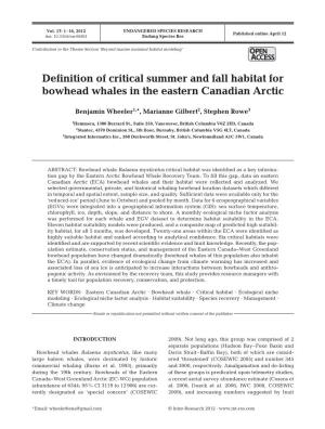 Definition of Critical Summer and Fall Habitat for Bowhead Whales in the Eastern Canadian Arctic