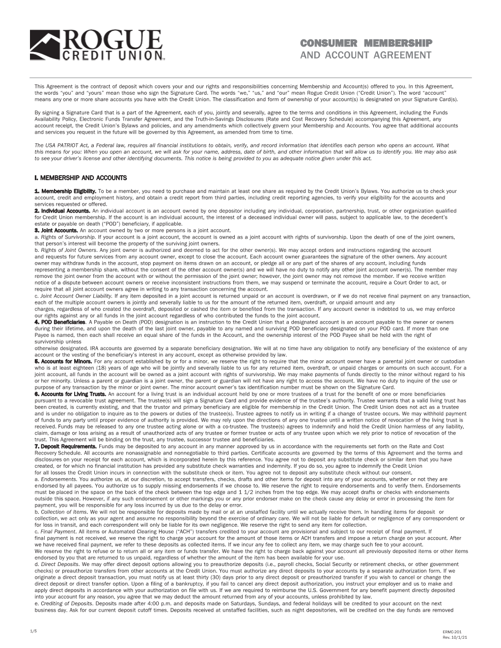 Consumer Membership and Account Agreement