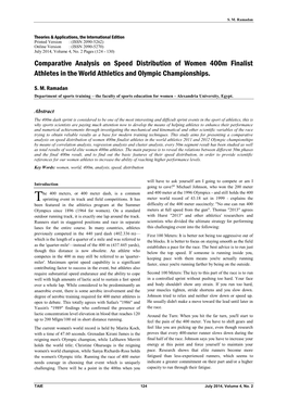 Comparative Analysis on Speed Distribution of Women 400M Finalist Athletes in the World Athletics and Olympic Championships