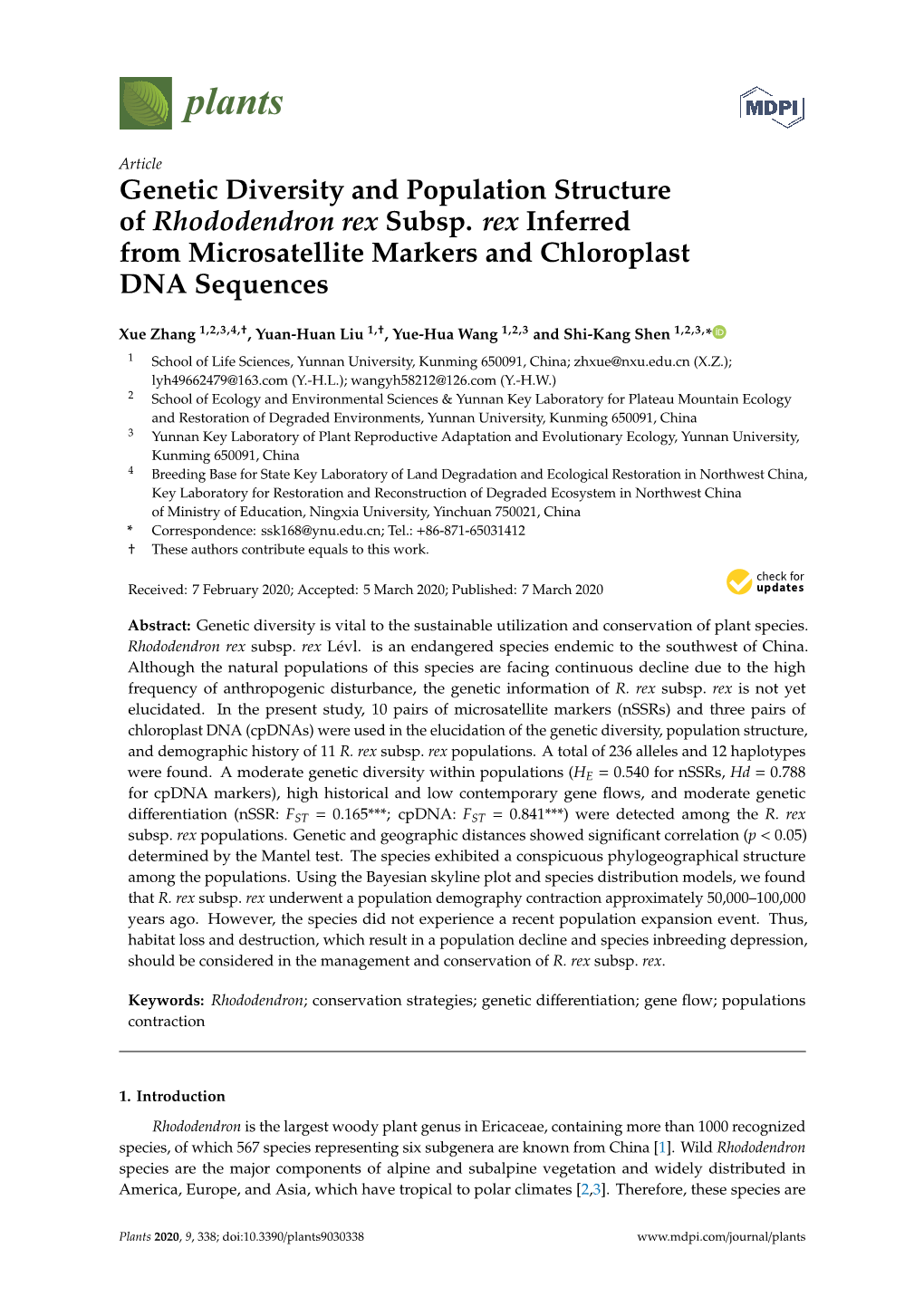 Genetic Diversity and Population Structure of Rhododendron Rex Subsp