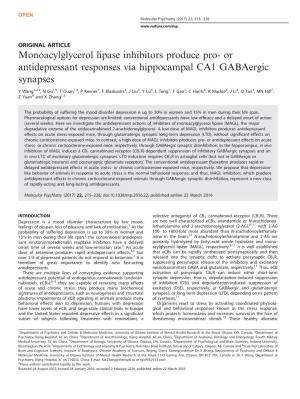 Monoacylglycerol Lipase Inhibitors Produce Pro- Or Antidepressant Responses Via Hippocampal CA1 Gabaergic Synapses