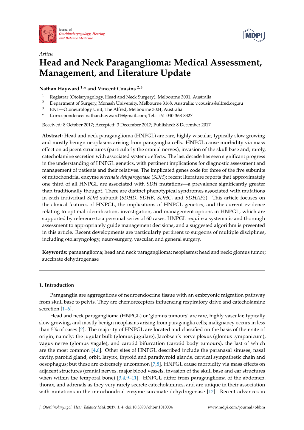 Head and Neck Paraganglioma: Medical Assessment, Management, and Literature Update