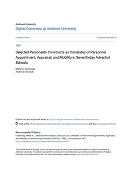 Selected Personality Constructs As Correlates of Personnel Appointment, Appraisal, and Mobility in Seventh-Day Adventist Schools