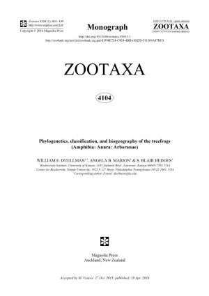 Phylogenetics, Classification, and Biogeography of the Treefrogs (Amphibia: Anura: Arboranae)