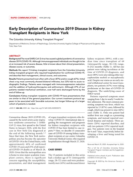 Early Description of Coronavirus 2019 Disease in Kidney Transplant Recipients in New York