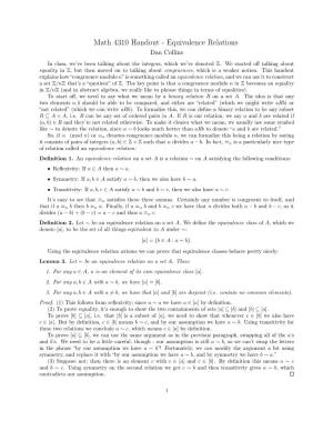 Math 4310 Handout - Equivalence Relations Dan Collins