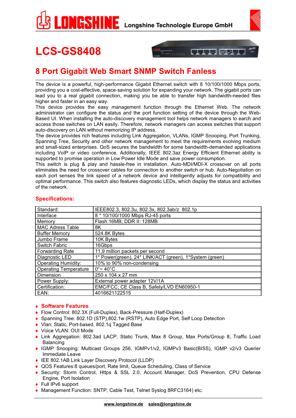 8 Port Gigabit Web Smart SNMP Switch Fanless