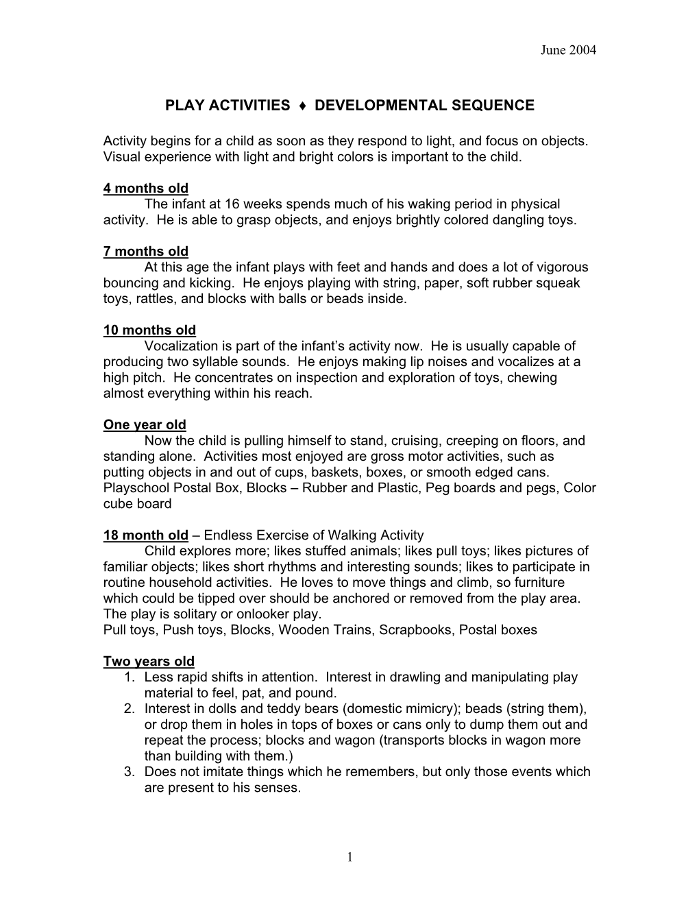 Play Activities Developmental Sequence