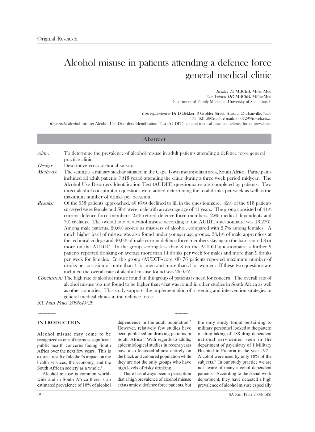 Alcohol Misuse in Patients Attending a Defence Force General Medical Clinic