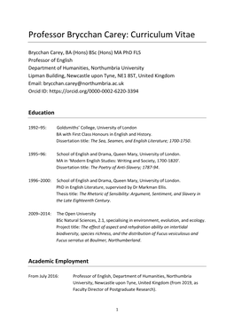 Professor Brycchan Carey: Curriculum Vitae