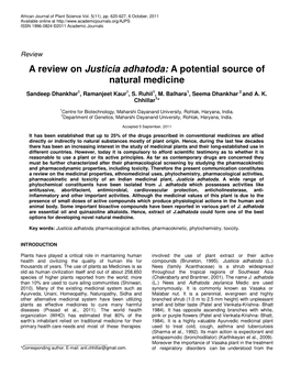 A Review on Justicia Adhatoda: a Potential Source of Natural Medicine