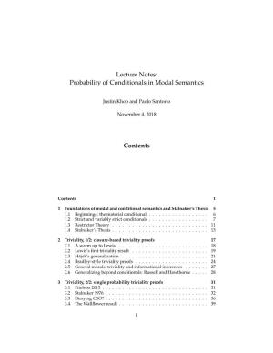 Probability of Conditionals in Modal Semantics Contents