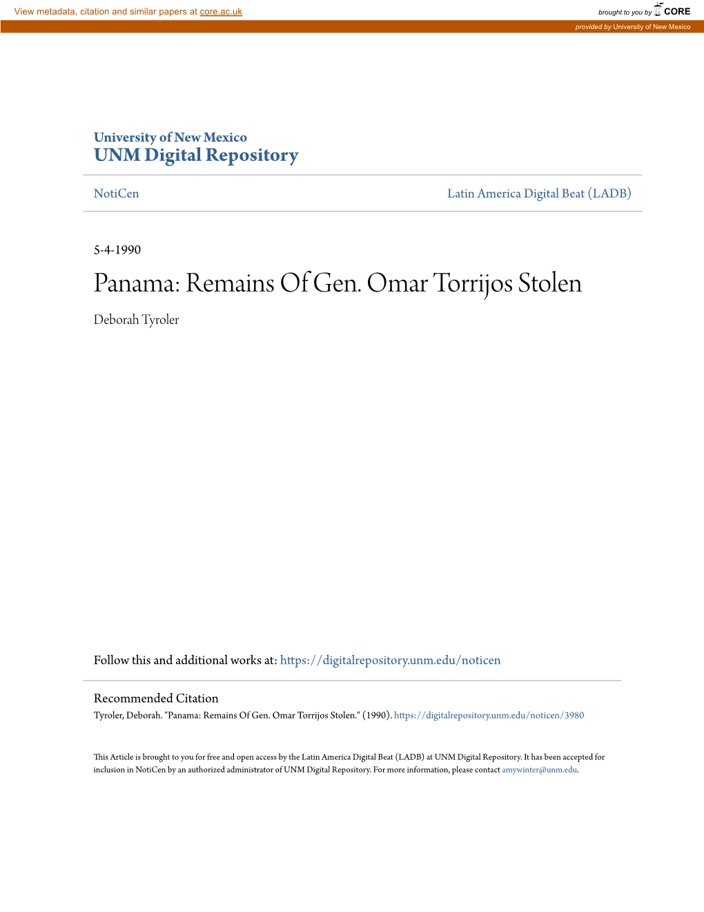 Panama: Remains of Gen. Omar Torrijos Stolen Deborah Tyroler