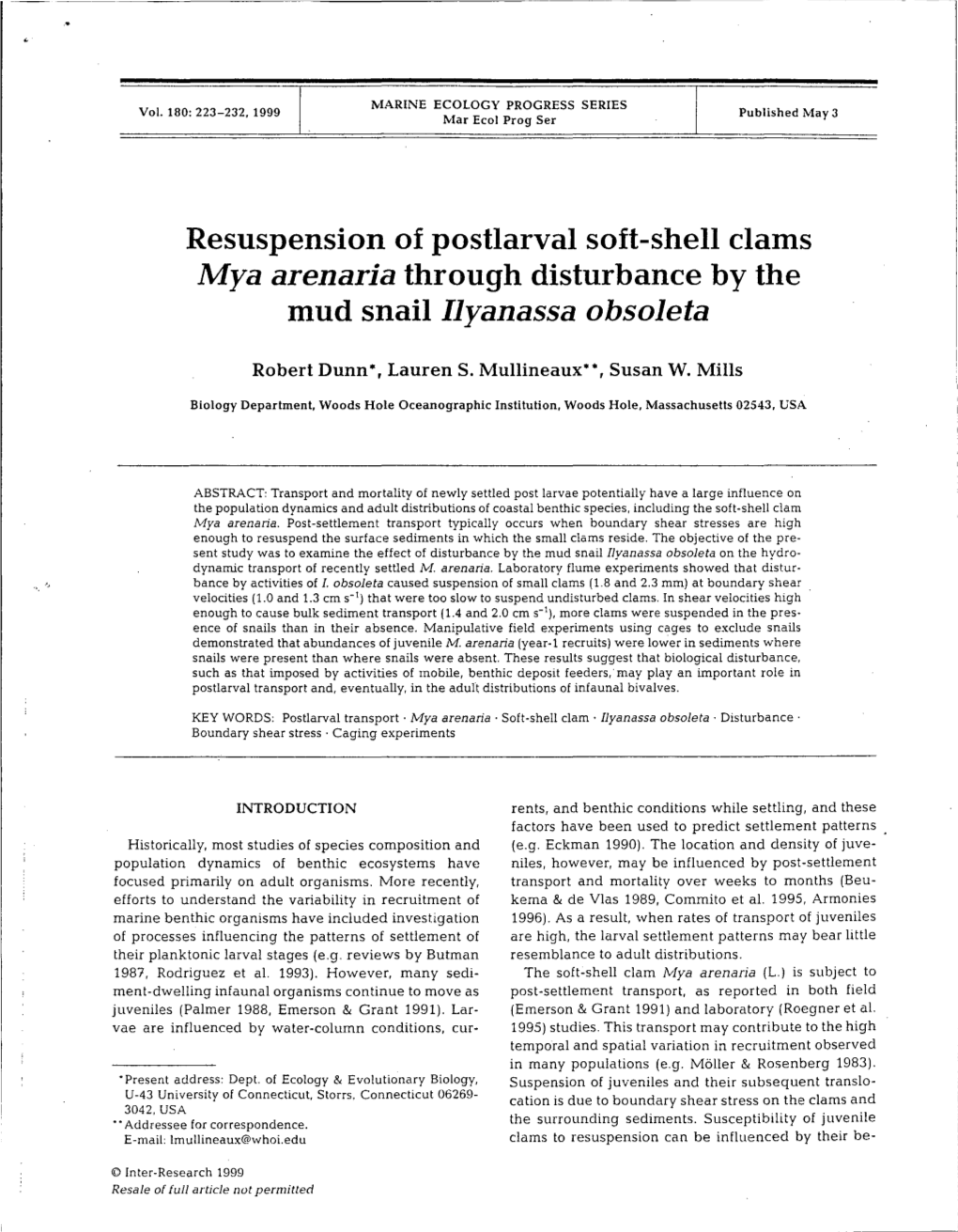 Resuspension of Postlarval Soft-Shell Clams Mya Arenaria Through Disturbance by the Mud Snail Ilyanassa Obsoleta