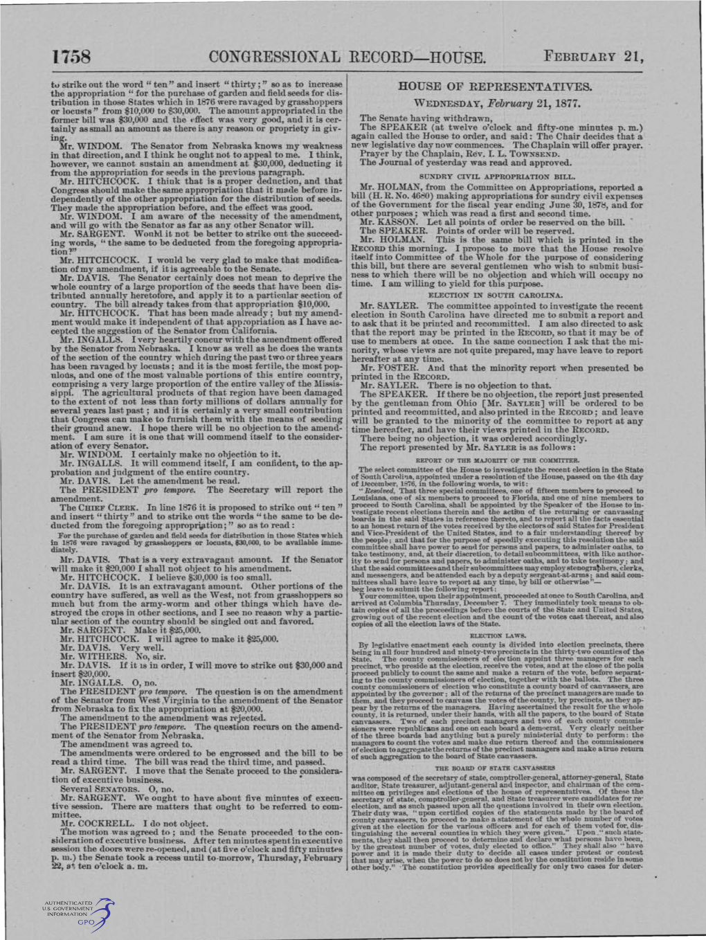 CONGRESSIONAL RECORD-HOUSE. FEBRUARY 21, Tv Strike out the Word " Ten" and Insert "Thirty;" So As to Increase HOUSE of REPRESENTATIVES