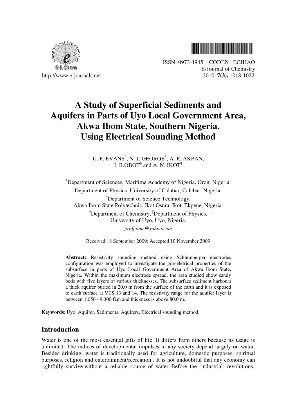 A Study of Superficial Sediments and Aquifers in Parts of Uyo Local Government Area, Akwa Ibom State, Southern Nigeria, Using Electrical Sounding Method
