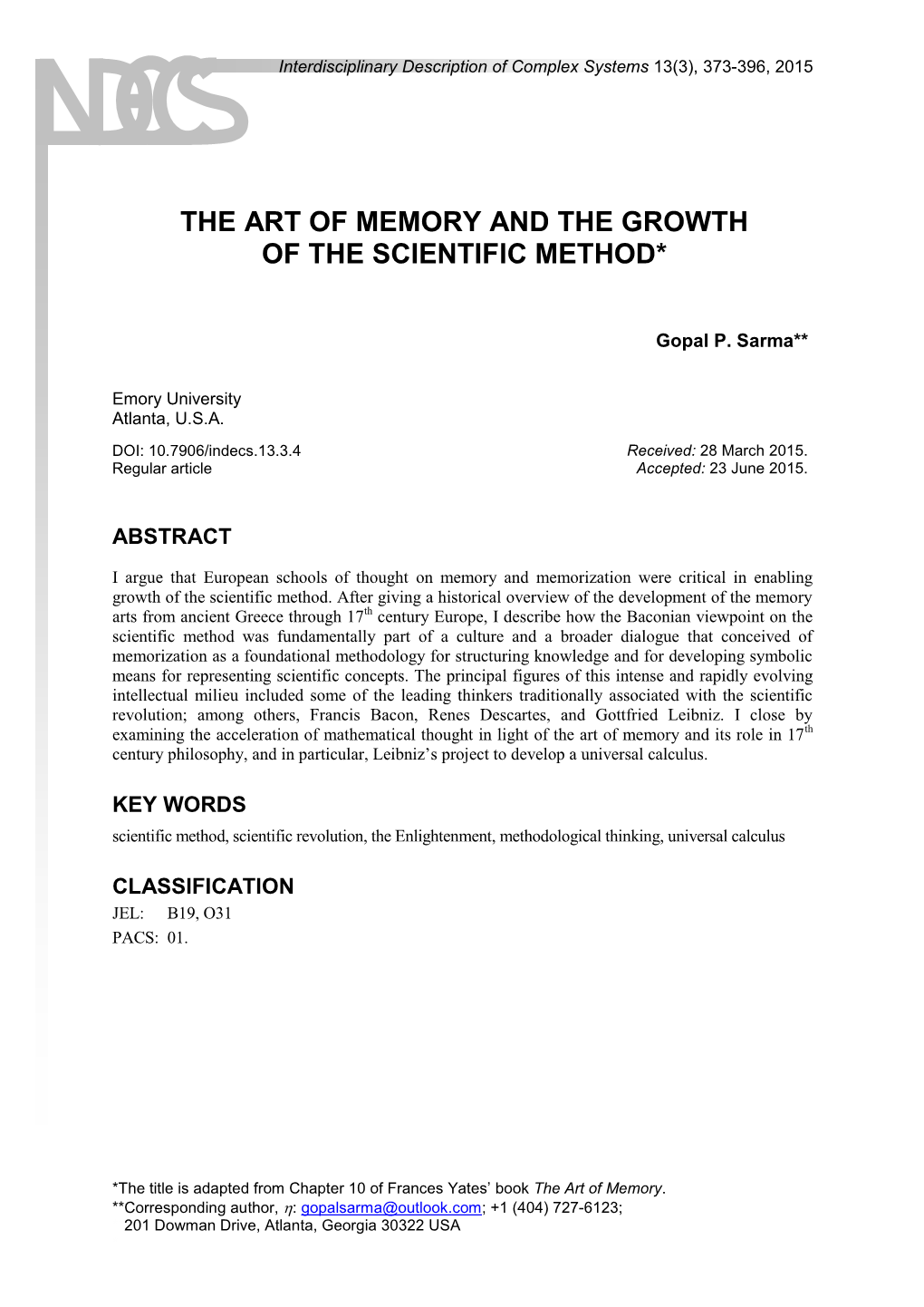 The Art of Memory and the Growth of the Scientific Method*