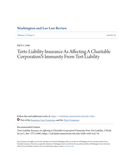 Torts-Liability Insurance As Affecting a Charitable Corporation's Immunity from Tort Liability