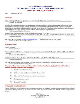 Texas Library Association OUTSTANDING SERVICES to LIBRARIES AWARD NOMINATION WORK FORM
