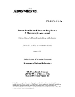 Proton Irradiation Effects on Beryllium - a Macroscopic Assessment