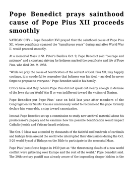Pope Benedict Prays Sainthood Cause of Pope Pius XII Proceeds Smoothly