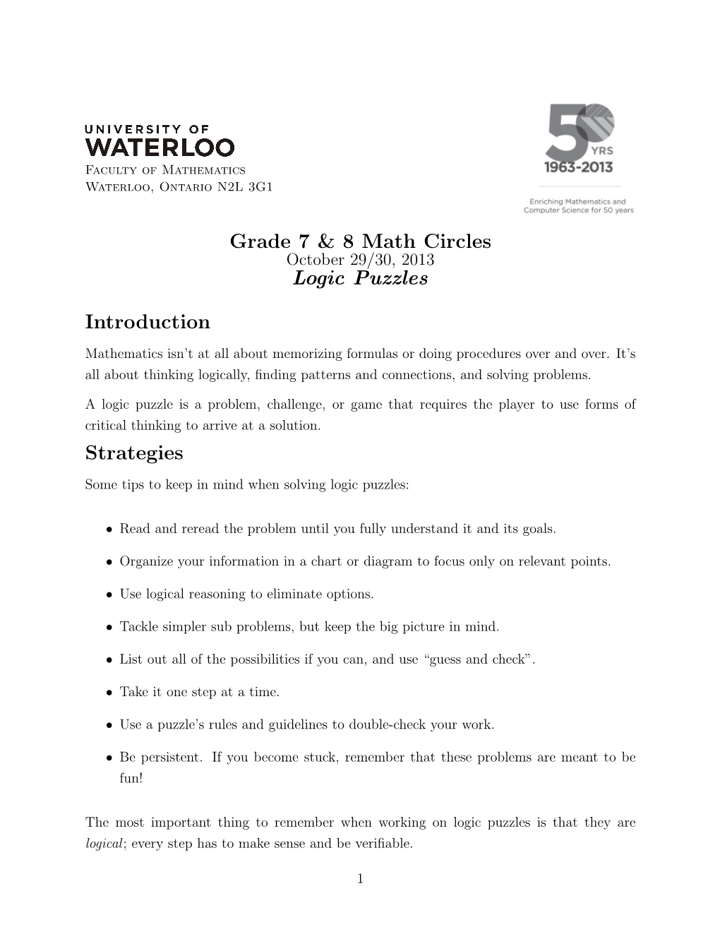 Grade 7 & 8 Math Circles Logic Puzzles Introduction Strategies