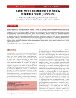 A Mini Review on Chemistry and Biology of Hamelia Patens (Rubiaceae)