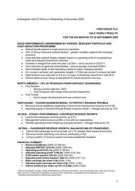 Firstgroup Plc Half-Yearly Results for the Six Months to 30 September 2009