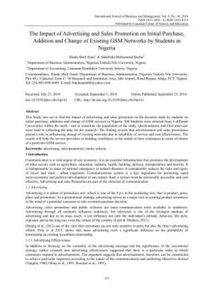 The Impact of Advertising and Sales Promotion on Initial Purchase, Addition and Change of Existing GSM Networks by Students in Nigeria