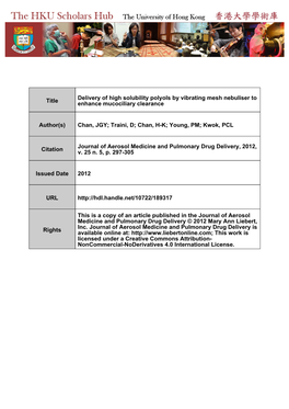 Delivery of High Solubility Polyols by Vibrating Mesh Nebulizer to Enhance Mucociliary Clearance