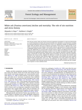 White Ash (Fraxinus Americana) Decline and Mortality: the Role of Site Nutrition and Stress History ⇑ Alejandro A