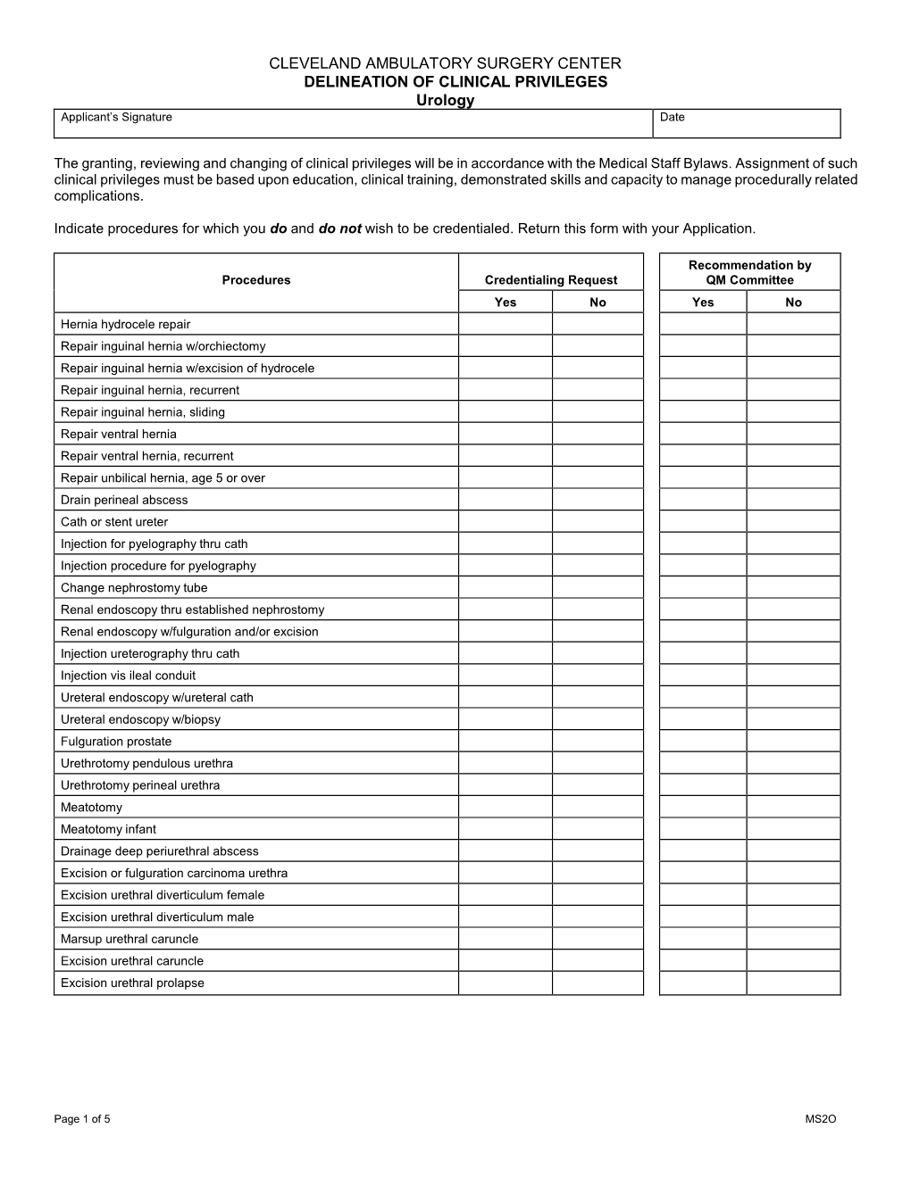 CLEVELAND AMBULATORY SURGERY CENTER DELINEATION of CLINICAL PRIVILEGES Urology Applicant’S Signature Date