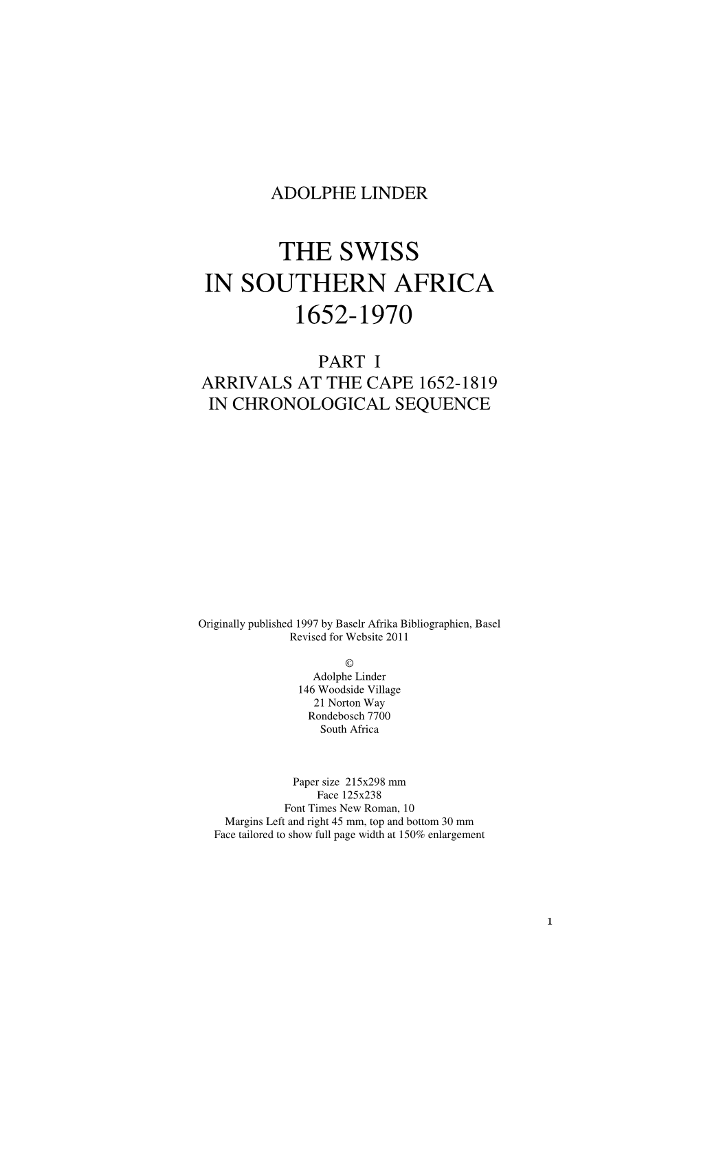 The Swiss in Southern Africa 1652-1970