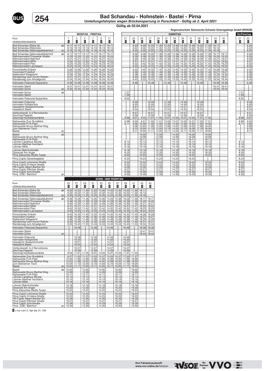 Bad Schandau - Hohnstein - Bastei - Pirna 254 Umleitungsfahrplan Wegen Brückensperrung in Porschdorf - Gültig Ab 2