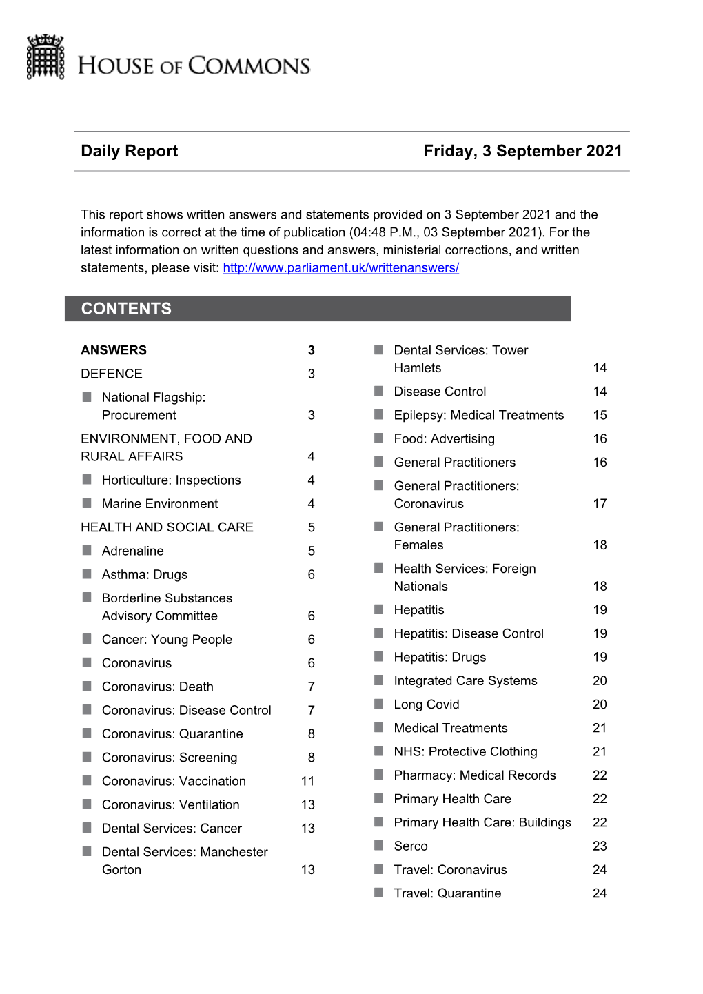 Daily Report Friday, 3 September 2021 CONTENTS