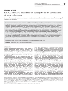 PIK3CA and APC Mutations Are Synergistic in the Development of Intestinal Cancers