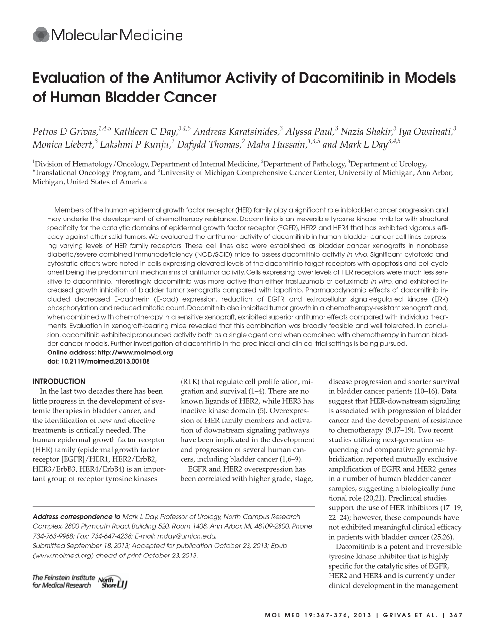 Evaluation of the Antitumor Activity of Dacomitinib in Models of Human Bladder Cancer