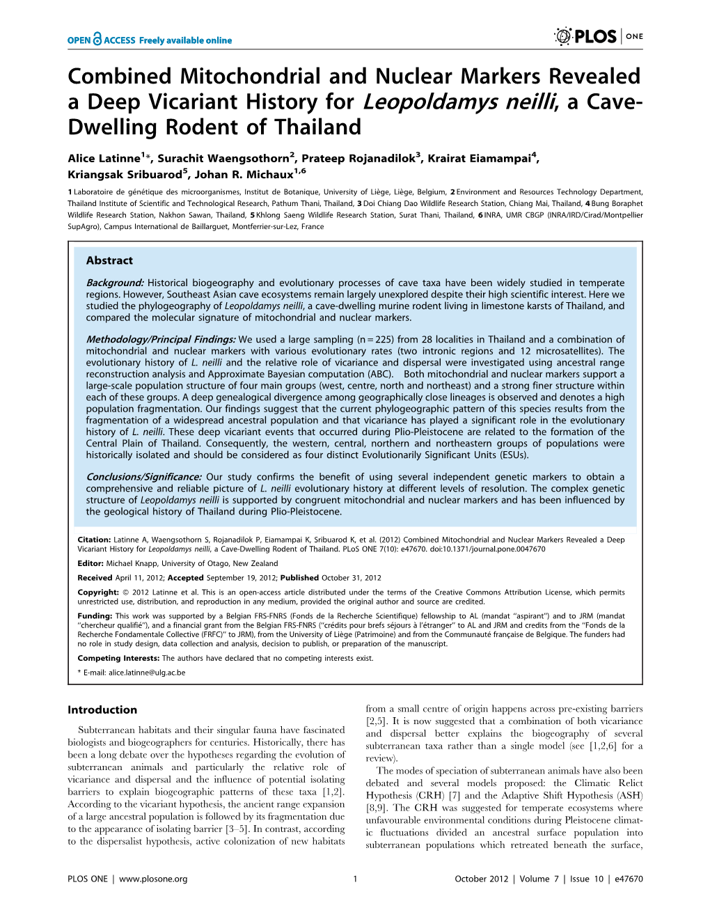 Combined Mitochondrial and Nuclear Markers Revealed a Deep Vicariant History for Leopoldamys Neilli, a Cave- Dwelling Rodent of Thailand