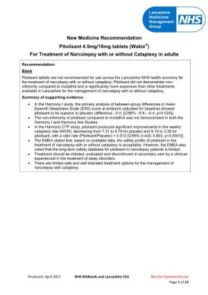 New Medicine Recommendation Pitolisant 4.5Mg/18Mg Tablets (Wakix®) for Treatment of Narcolepsy with Or Without Cataplexy in Adults
