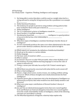 AP Psychology Ch. 8 Study Guide – Cognition: Thinking, Intelligence and Language