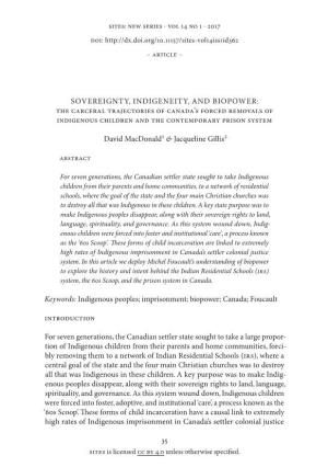 Sovereignty, Indigeneity, and Biopower: the Carceral Trajectories of Canada’S Forced Removals of Indigenous Children and the Contemporary Prison System