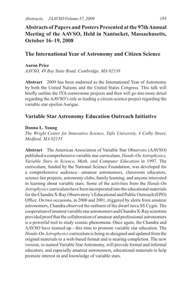 Abstracts of Papers and Posters Presented at the 97Th Annual Meeting of the AAVSO, Held in Nantucket, Massachusetts, October 16–19, 2008