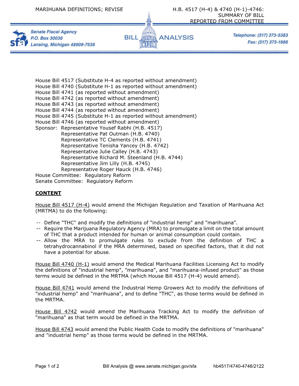 Page 1 of 2 Bill Analysis @ Hb4517/4740-4746/2122 MARIHUANA DEFINITIONS; REVISE H.B. 4517 (H-4) &