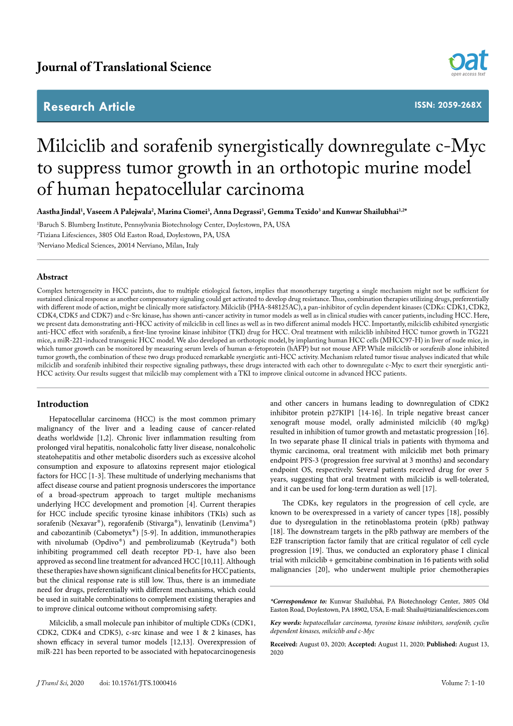 Milciclib and Sorafenib Synergistically Downregulate C-Myc to Suppress