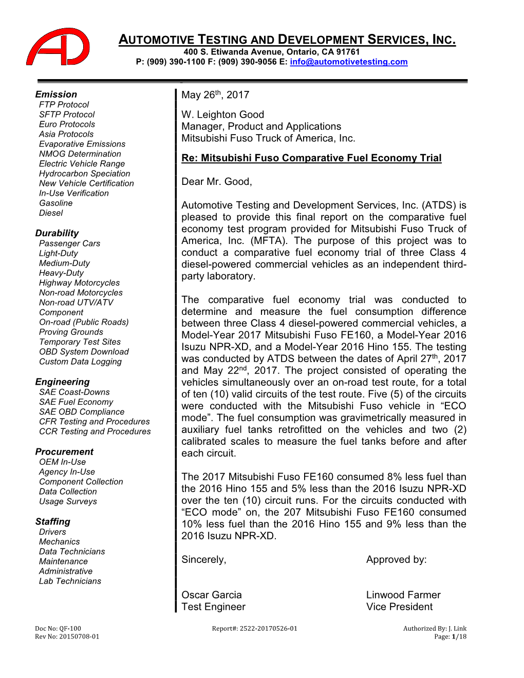 Automotive Testing and Development Services, Inc. (ATDS) Is Diesel Pleased to Provide This Final Report on the Comparative Fuel