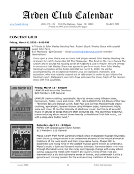 Arden Club Calendar (302) 475-3126 2126 the Highway, Arden DE 19810 MARCH 2020 Printed on 100% Post-Consumer Fiber Paper