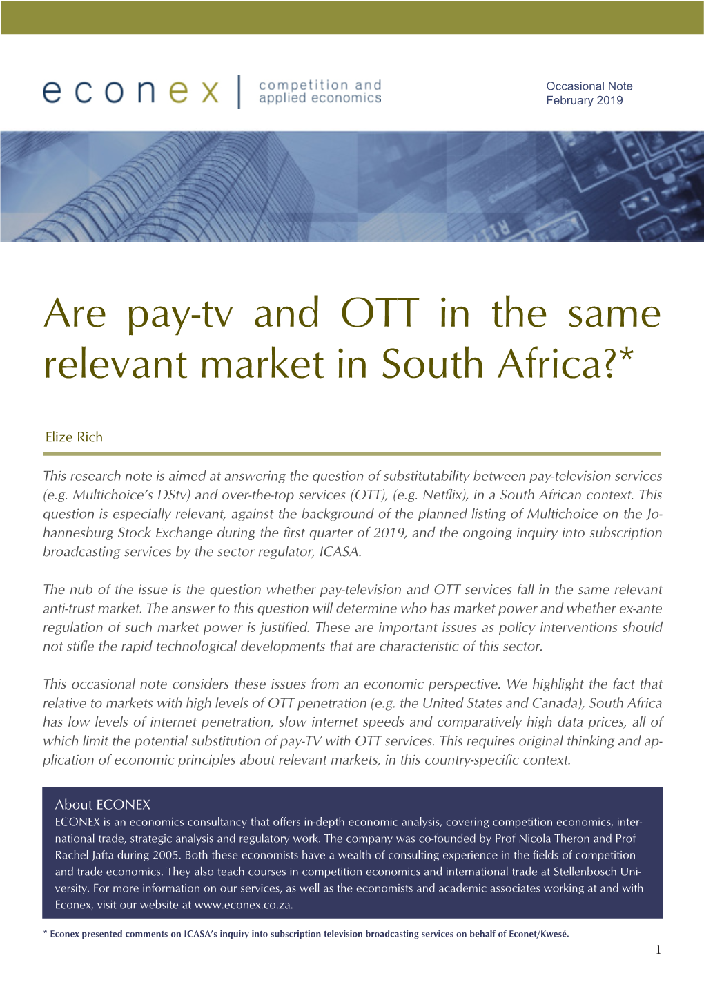 Are Pay-Tv and OTT in the Same Relevant Market in South Africa?*