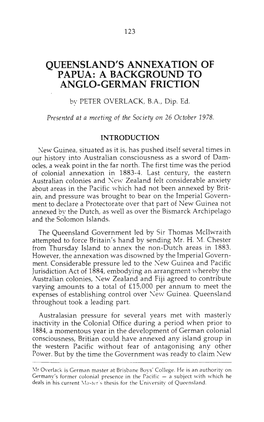 Queensland's Annexation of Papua: a Background to Anglo-German Friction